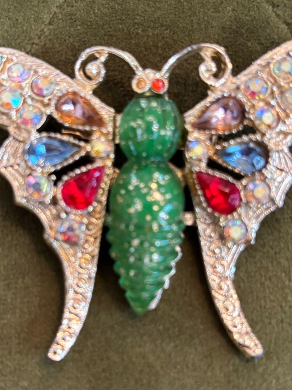 Four Assorted Butterfly and Floral Brooches - Green, Red, Blue, Silver Accents - Picture 5 of 9